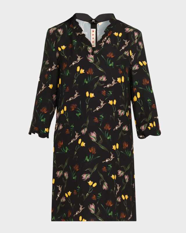 Floral Ruffle 3/4-Sleeve Mini Dress